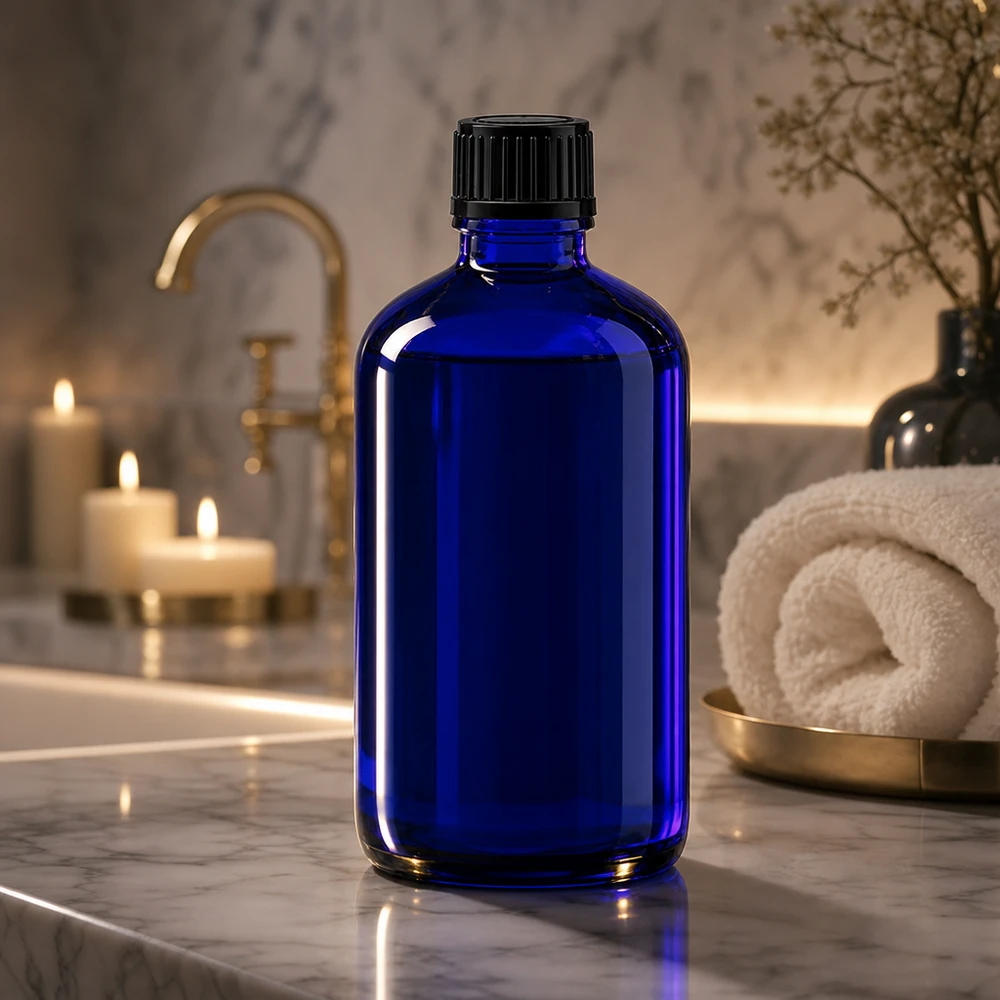 Apteekkipullo sininen 100ml ruuvikorkki musta standardi Sininen 100 ml:n lasipullo, jossa on musta kierrekorkki, valkoisella marmorilla kylpyhuoneessa