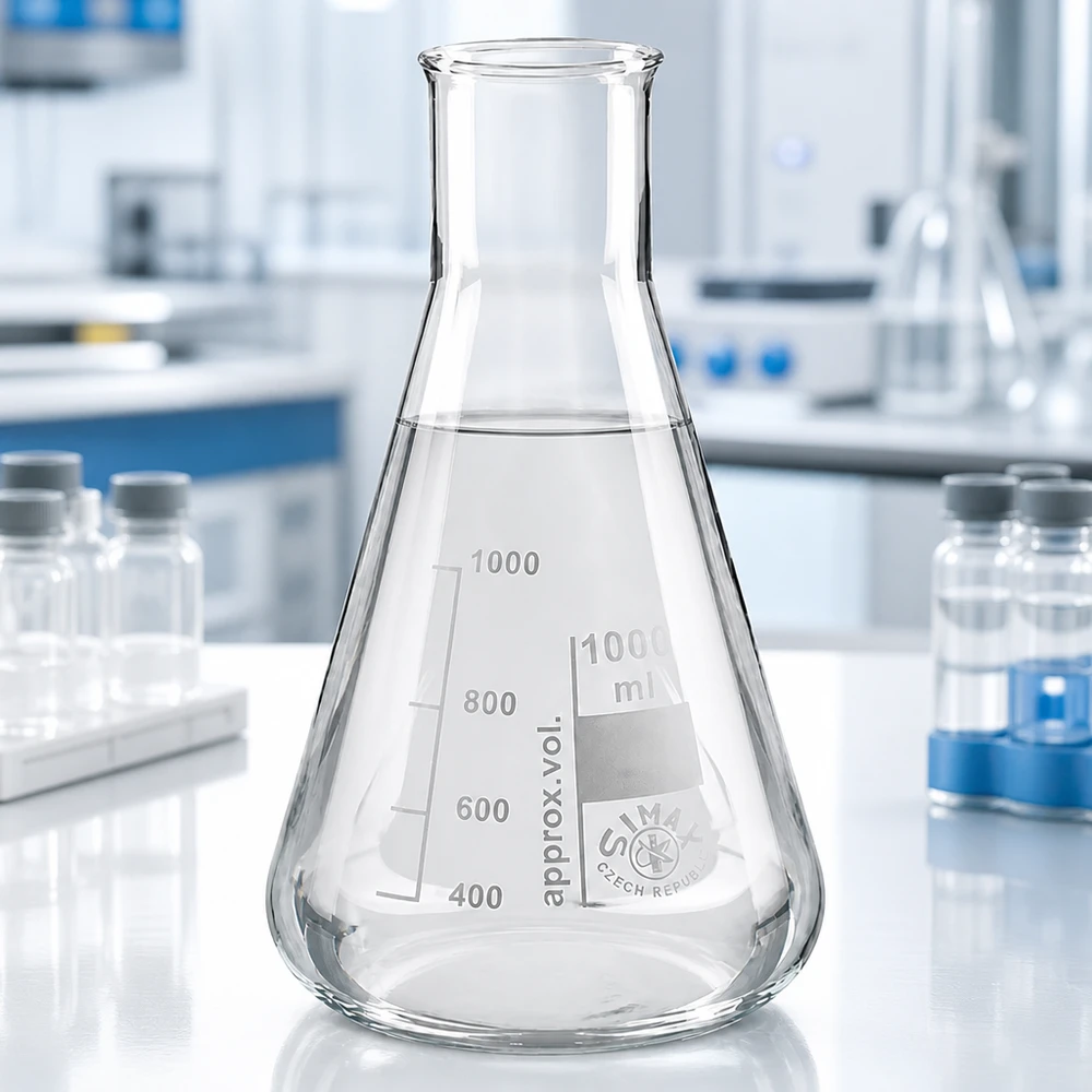 Erlenmeyer-pullo 200ml leveäkaulainen pullo Leveäsuinen Erlenmeyer-pullo 200ml läpinäkyvästä lasista kemiallisiin analyyseihin.
