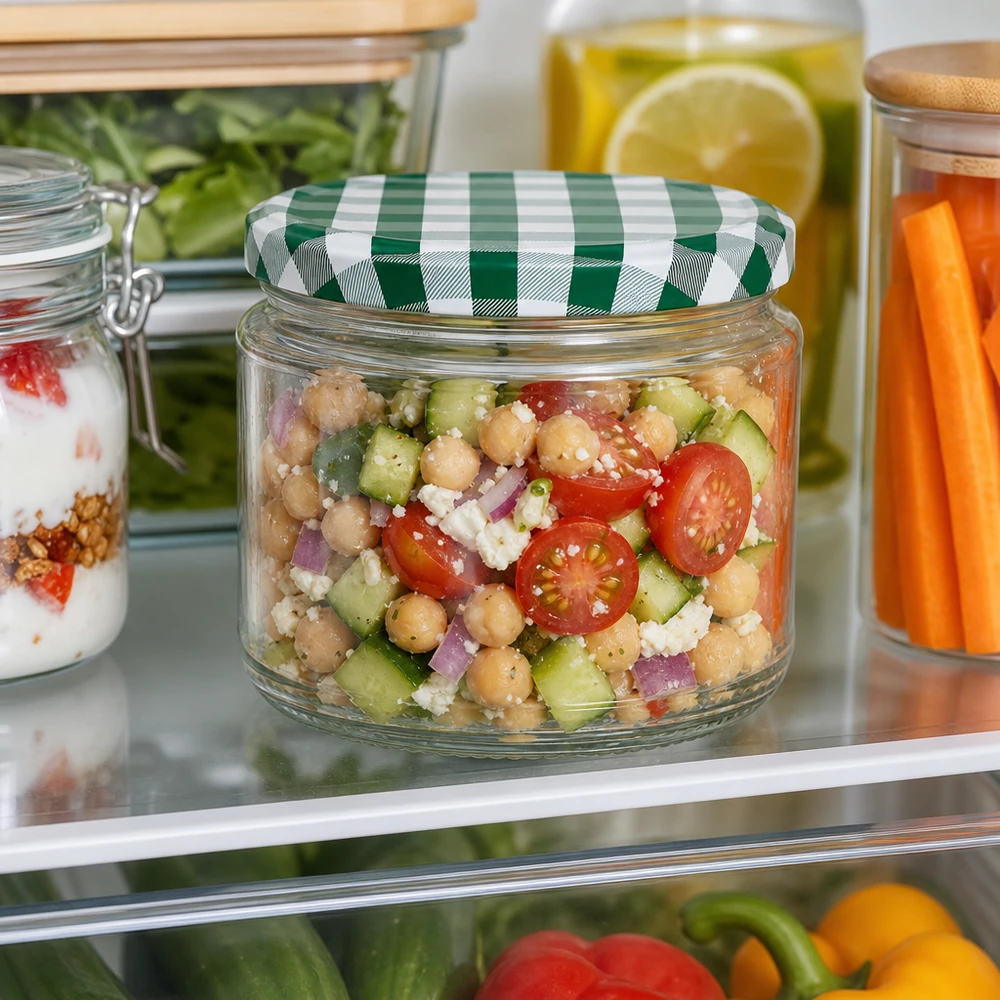 330ml pyöreä purkki + BasicSeal kansi vihreä/valkoinen UNiTWIST 330ml Rundglas mit Kichererbsen-Salat im Kühlschrank, grün-weißer BasicSeal Deckel, Meal Prep und Frischhaltung