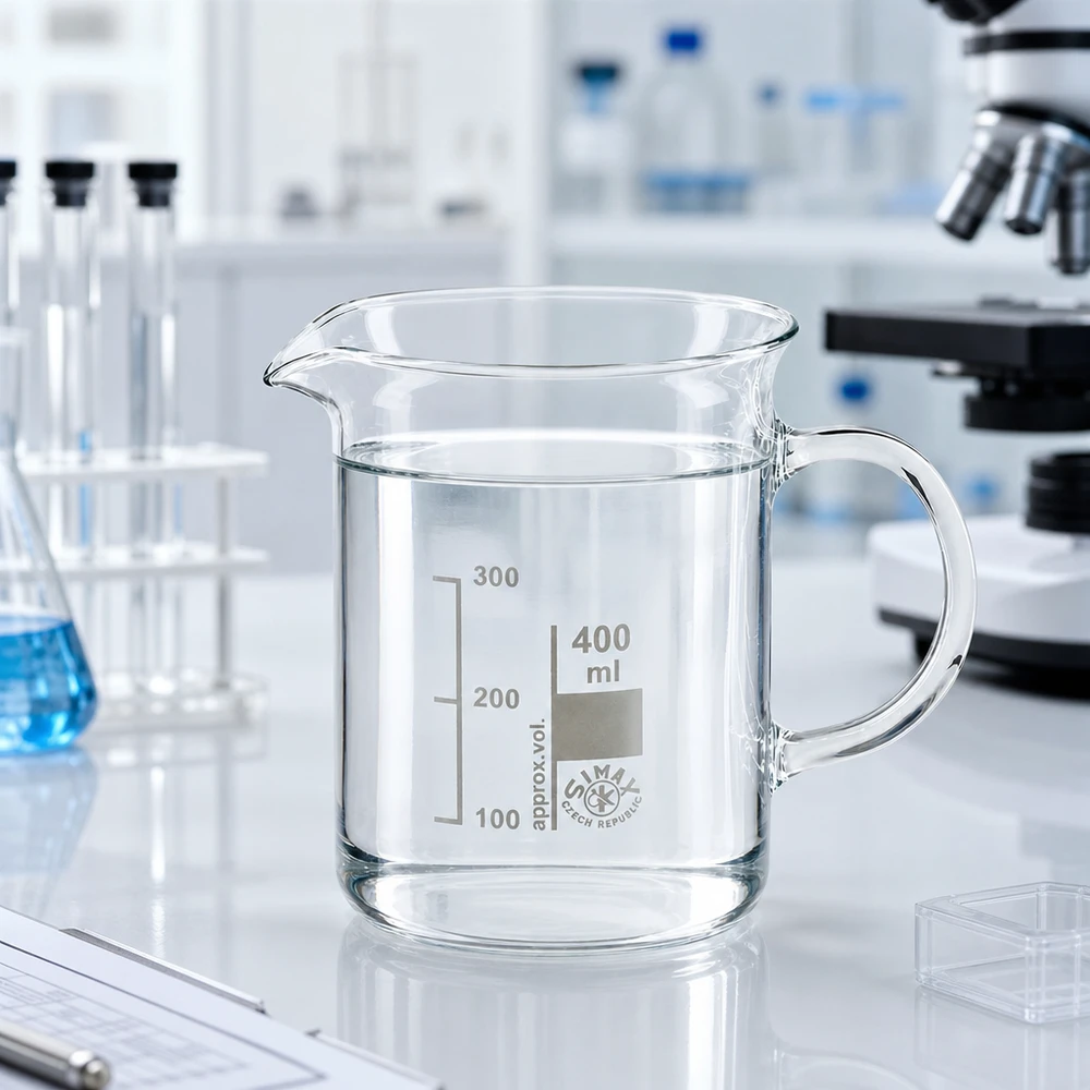 Läpinäkyvä 400 ml:n mittalasi, jossa on kahva, ammattimaisessa laboratorioympäristössä valkoisella työtasolla