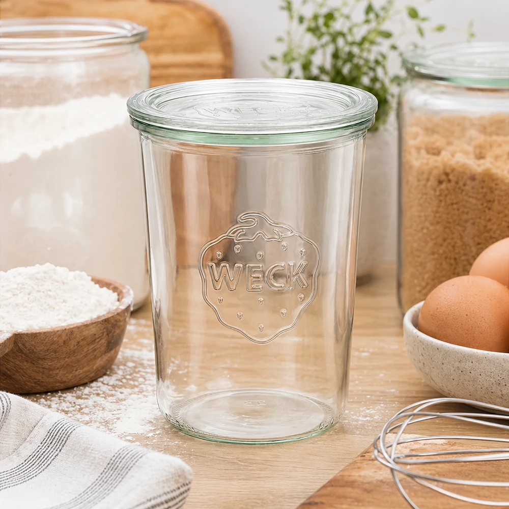WECK säilöntäpurkki 850ml RR100 keittiössä ympäristössä jauhojen munien ja keittiövälineiden kanssa tumble purkki lasikannella