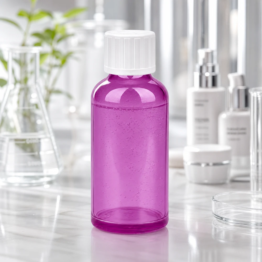 Laadukas 50ml muovipullo läpinäkyvää violettia, jossa on uritettu valkoinen kierrekorkki.