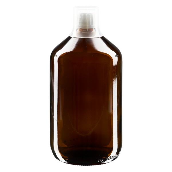 1000ml lääkepullo ruskea, väärentämisen estävä sulkeminen annostelukupilla 30ml ApoGlas 1000ml lääkepullo ruskea, väärentämisen estävä sulkeminen annostelukupilla 30ml ApoGlas
