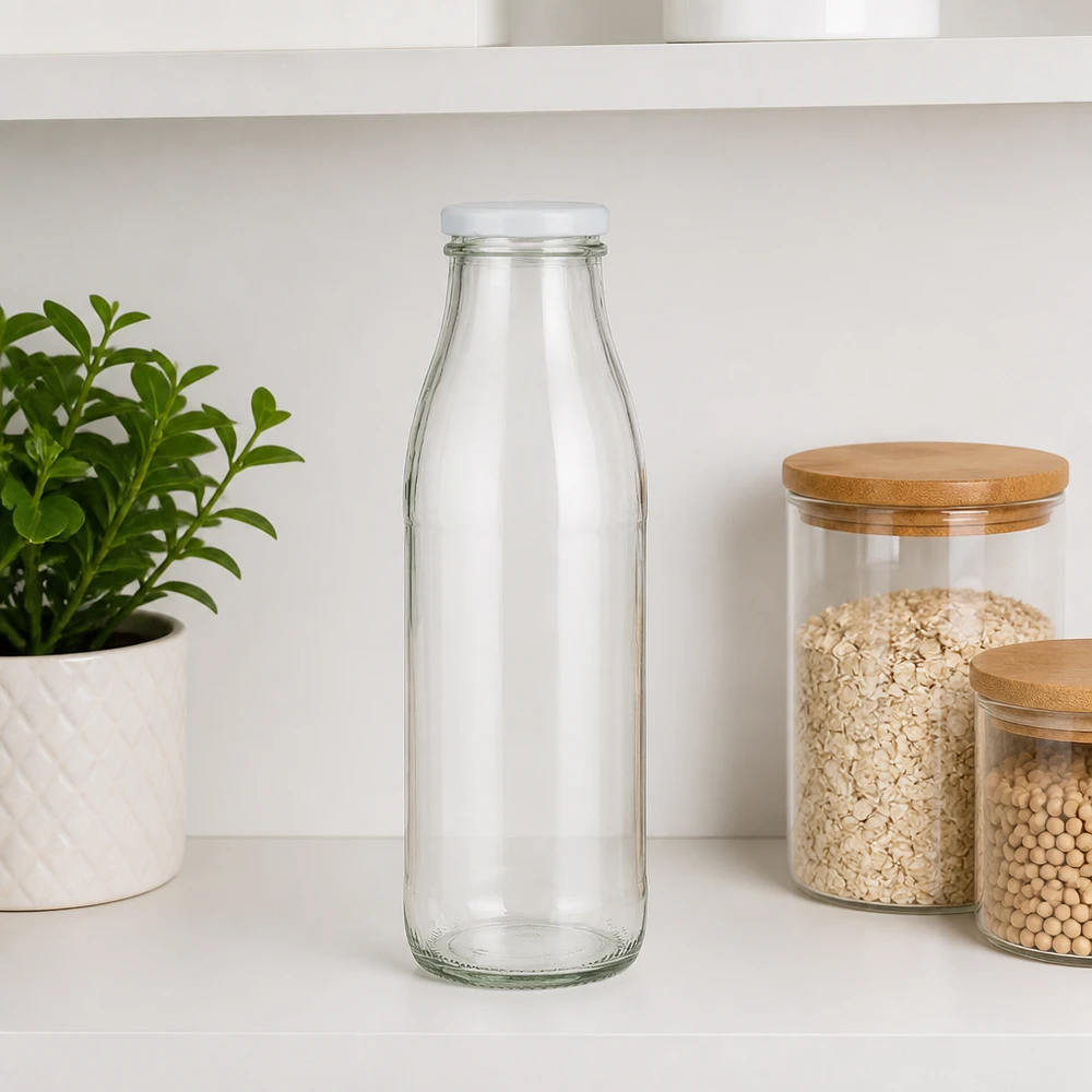 500ml lasipullo + BasicSeal-kansi valkoinen UNiTWIST 500ml läpinäkyvä lasipullo valkoisella BasicSeal-kannella valkoisella keittiön työtasolla säilytysastioiden vieressä.