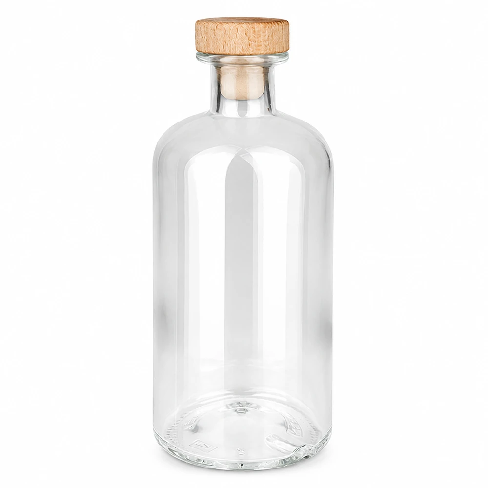 500ml Glasflasche "Flora" mit Holzgriff-Korken UNiTWIST 500ml lasipullo Flora, jossa on puukahvainen korkki UNiTWIST läpinäkyvä tyhjä valkoista taustaa vasten.