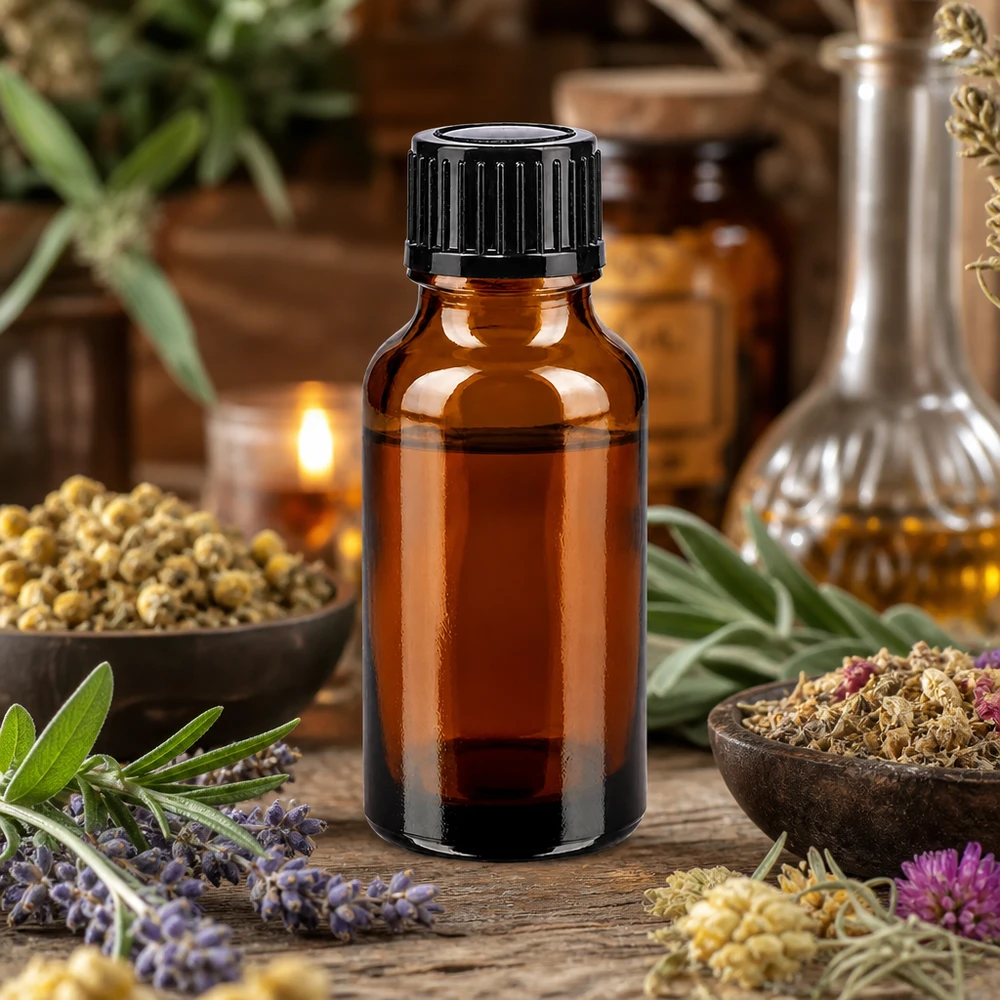 Apteekkipullo ruskea 20ml ruuvikorkki musta standardi Ruskea apteekkipullo, 20 ml, musta korkki, jota ympäröivät kuivatut yrtit ja eteeriset öljyt