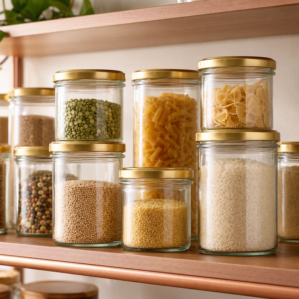 125ml Sturzgläser mit BasicSeal Deckel gold zur stilvollen Aufbewahrung von Pasta, Reis und Hülsenfrüchten im Vorratssch