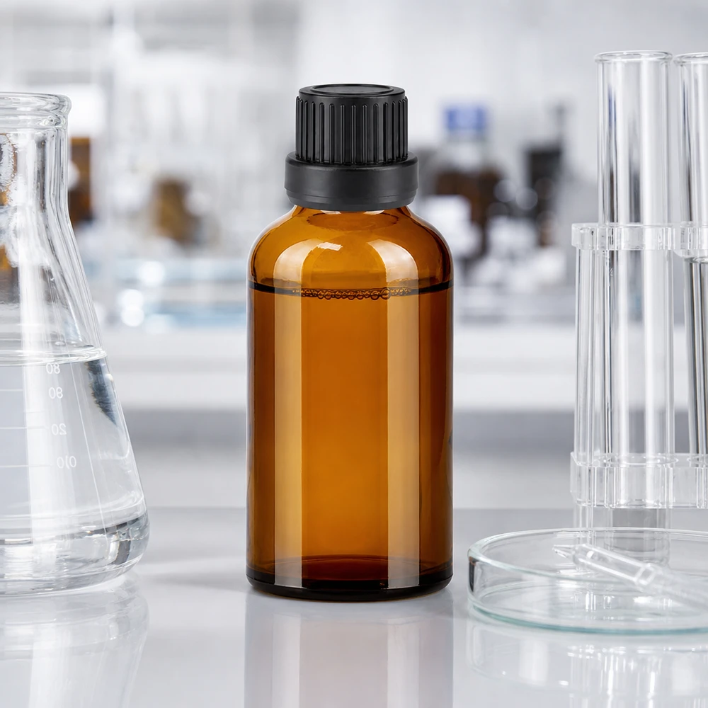 Ammattikäyttöön tarkoitettu 50 ml:n laboratoriopullo, joka on valmistettu UV-suojatusta meripihkalasista ja jossa on tarkka tiputusjärjestelmä.
