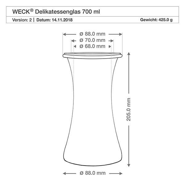700ml herkkupurkki WECK RR80 korkilla luonnonmukainen WECK RR80 Delikatessenglas 700ml technische Zeichnung mit Maßangaben Durchmesser 88mm Höhe 205mm Gewicht 425g