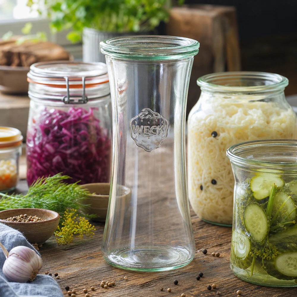 700ml herkkupurkki lasikannella WECK RR80 WECK Delikatessenglas 700ml RR80 umgeben von selbstgemachten Fermentationsprodukten wie Sauerkraut und eingelegten Gurke