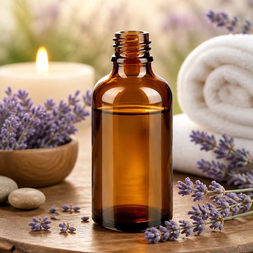 50ml ruskea ApoGlas-apteekkipullo, jossa on laventelin aromaterapia-asetelma ja valkoisia pyyhkeitä puupöydällä.