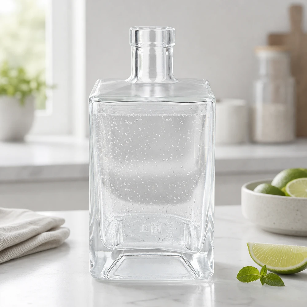700ml Ben-lasipullo täynnä kivennäisvettä, joka virkistää modernissa keittiössä limetin ja mintun kera.