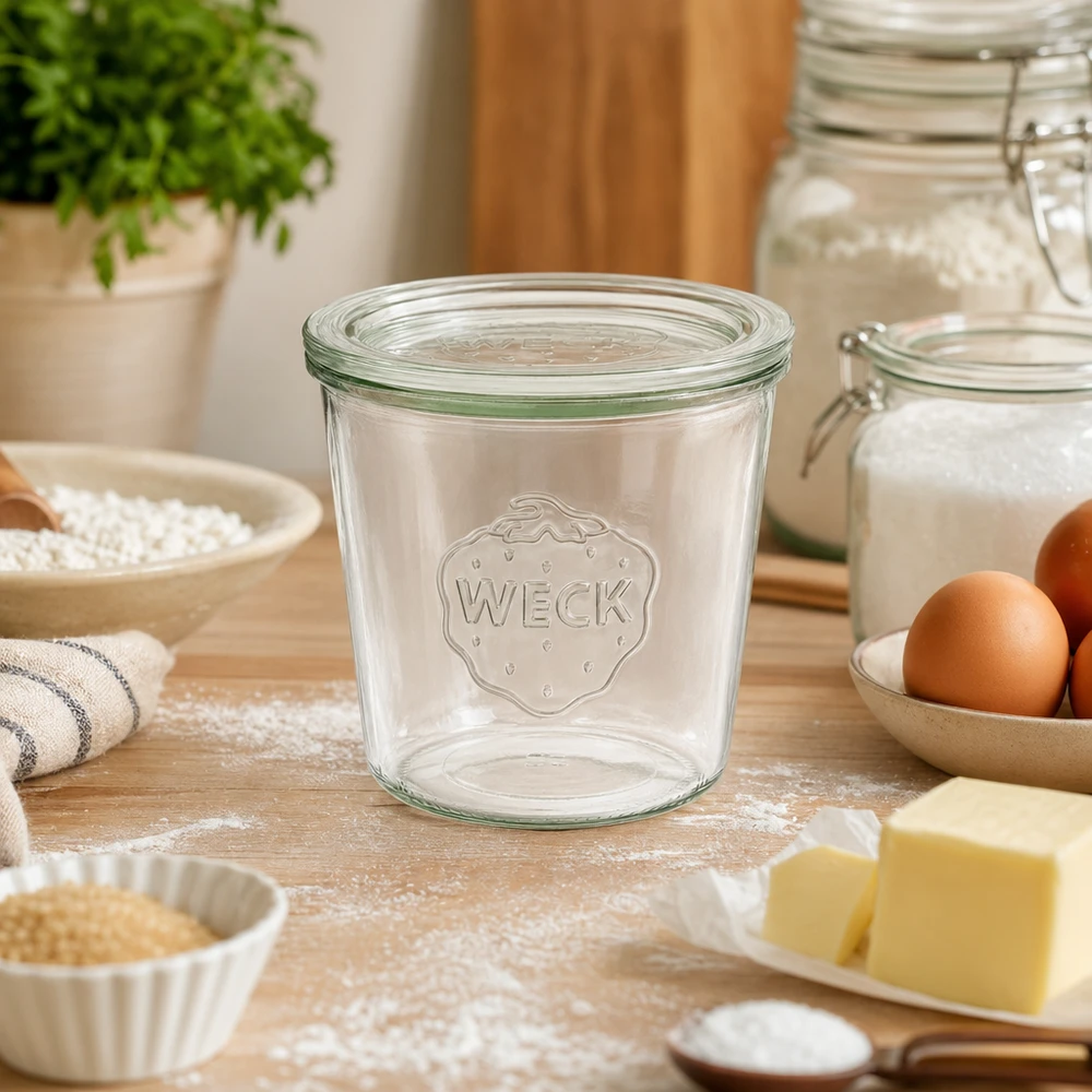 WECK 580ml rummut RR100 tyhjänä puisella työtasolla leivonta-ainesten, kuten jauhojen, munien ja voin, välissä keittiössä.