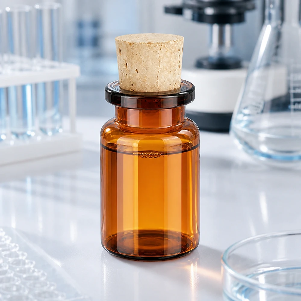 Meripihkanvärinen lasipullo 5 ml korkilla 11/14mm Kleine Flasche aus dunkelbraunem Glas mit Stopfen für pharmazeutische Anwendungen