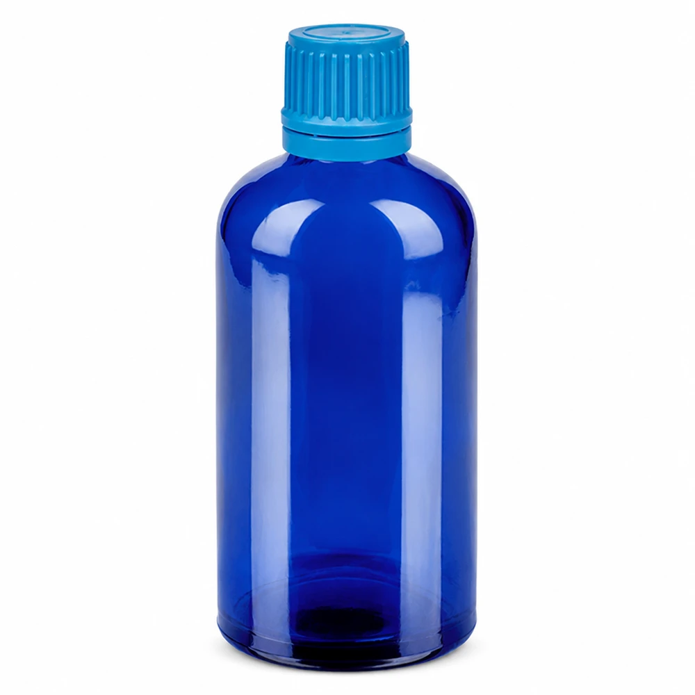 100ml sininen lasipullo, jossa on kierrekorkki kosmetiikkaan ja farmaseuttisiin tuotteisiin.