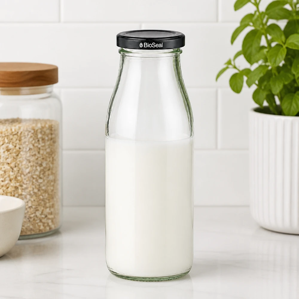 500ml lasipullo + BioSeal-korkki musta UNiTWIST 500 ml:n lasipullo täynnä maitoa ja musta BioSeal-kansi keittiön työtasolla säilytyspurkkien vieressä.
