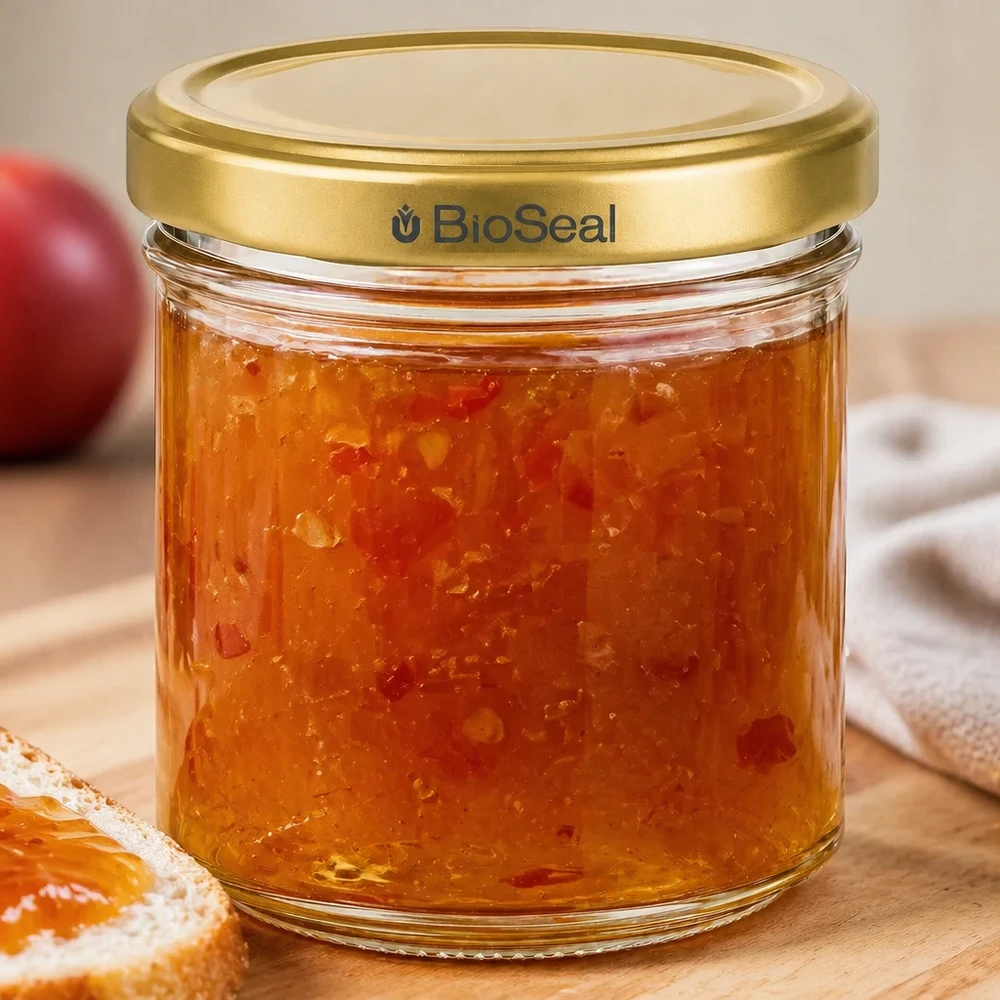BioSeal 200g purkki täynnä aprikoosihilloa kultaisella kannella puupöydällä, taustalla paahtoleipää ja hedelmiä.