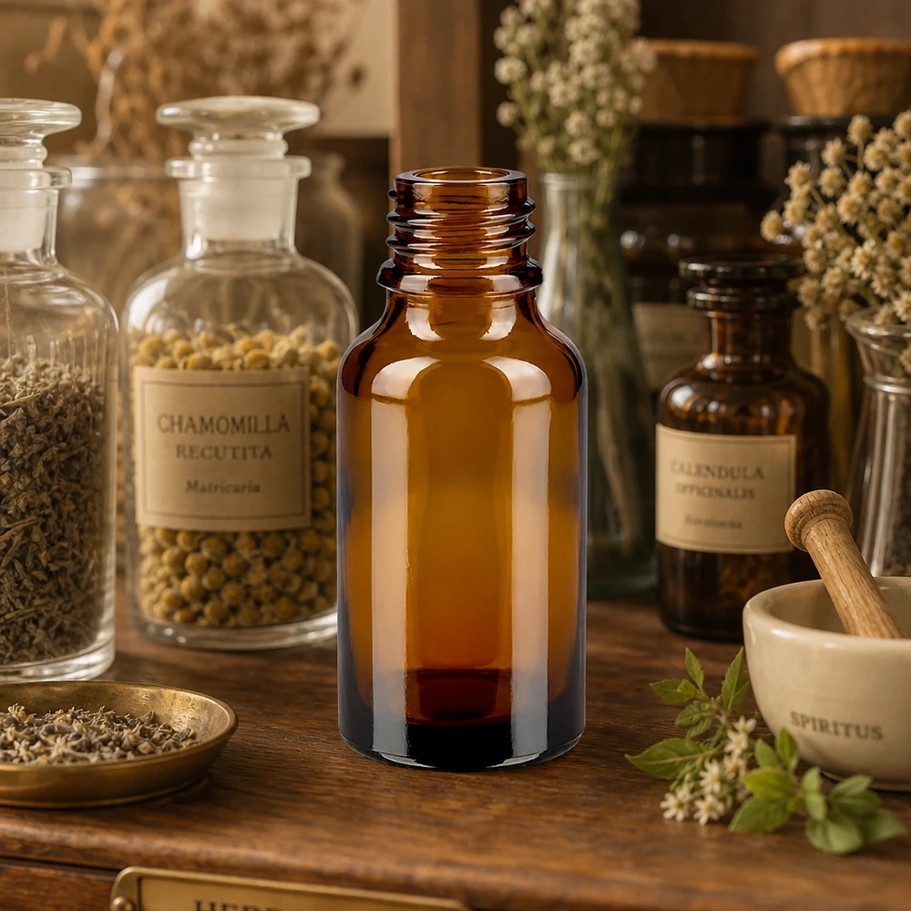 Tippapullo 30 ml DIN 18 ruskeankeltainen lasi LOW SHAPE 30ml ruskea Apteekkipullo ApoGlas tummalla tinktuuralla perinteisessä yrttiapteekissa laastarin vieressä.