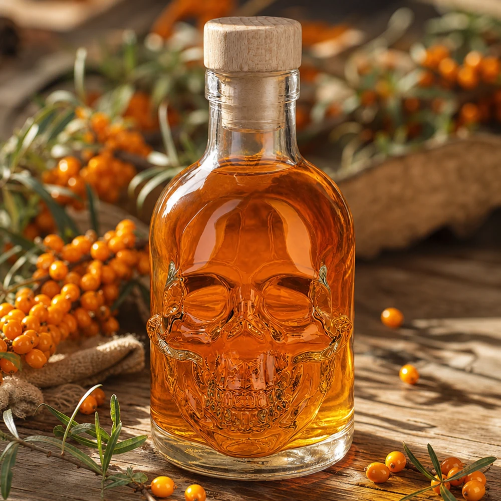 Meripihkanvärinen 200ml Jack-lasipullo, jossa on pääkallokuviointi tyrnimarjojen välissä maalaismaisella puupöydällä.