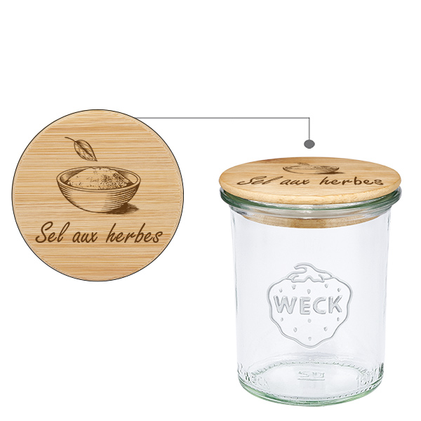 Couvercle en bois "Sel aux herbes" avec WECK verre renversé Couvercle en bois "Sel aux herbes" avec WECK verre renversé