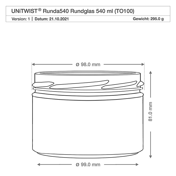540ml pyöreä purkki ilman kantta (TO100) UNiTWIST UNiTWIST UNiTWIST Runda540 540ml TO100 tekninen piirustus mitat halkaisija 98mm korkeus 81mm tuoteseloste
