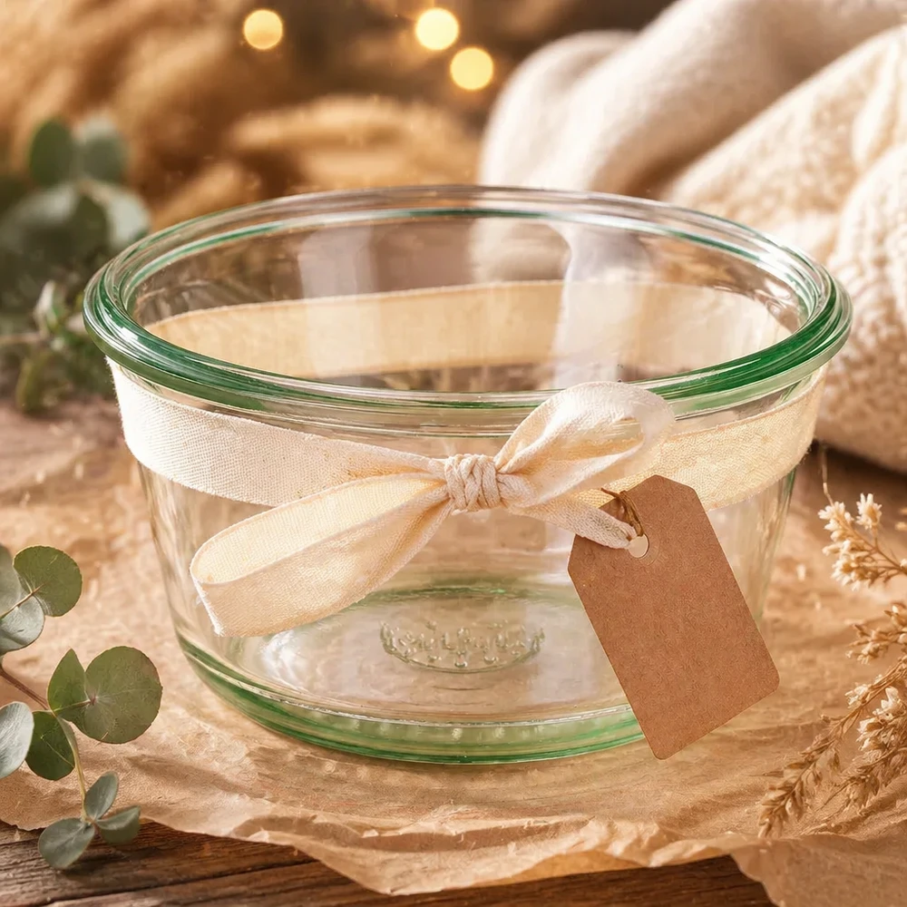 WECK RR100 290ml Gourmetglas dekorativ mit Schleifenband und Anhänger als Geschenkidee auf natürlich gedecktem Tisch