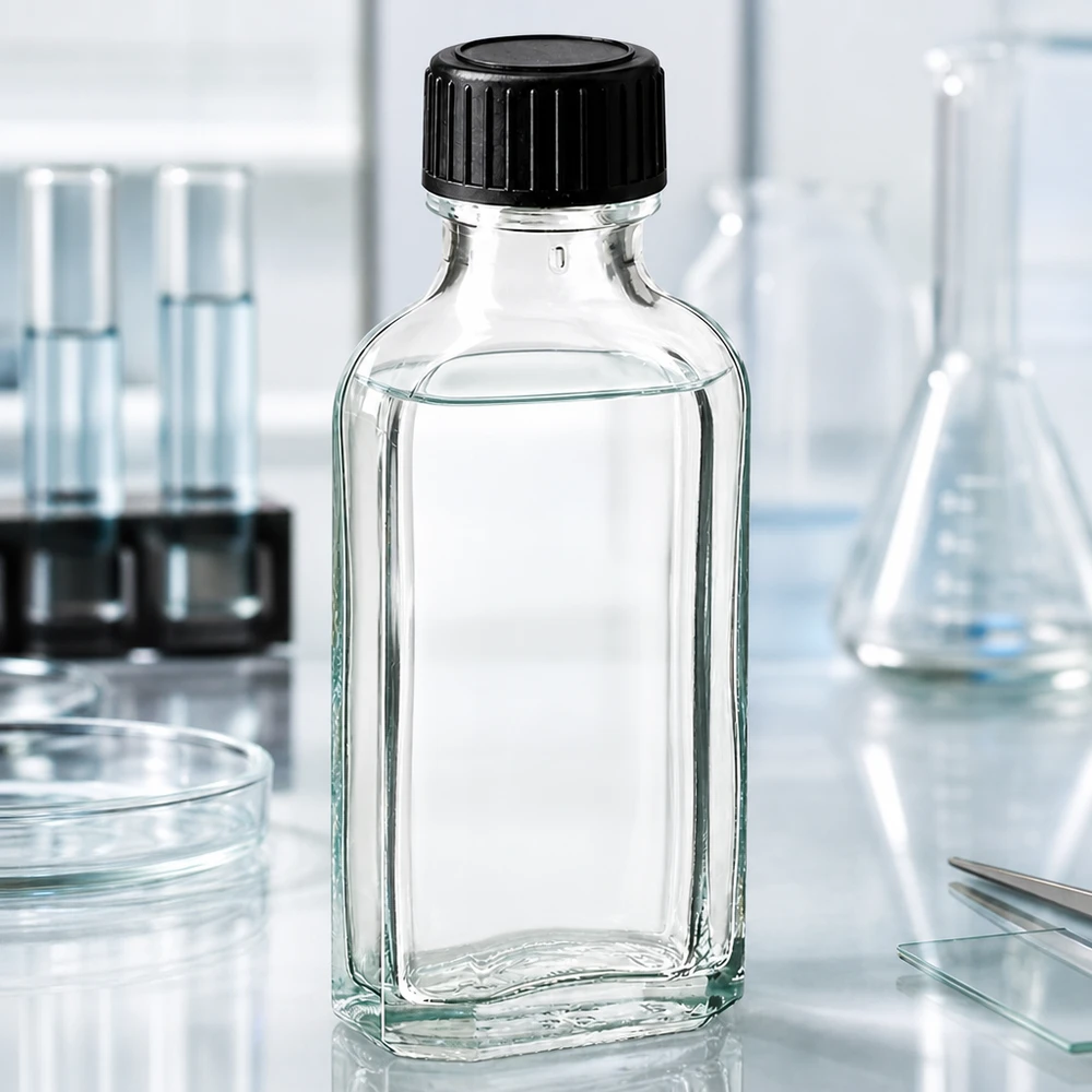 50 ml Meplat kirkas kierrekorkki, jossa on LKD-sulkulevy: LKD-sulkulevy 50 ml:n Meplat-pullo kirkkaasta lasista, jossa on uritettu kierrekorkki, laboratoriokäyttöön