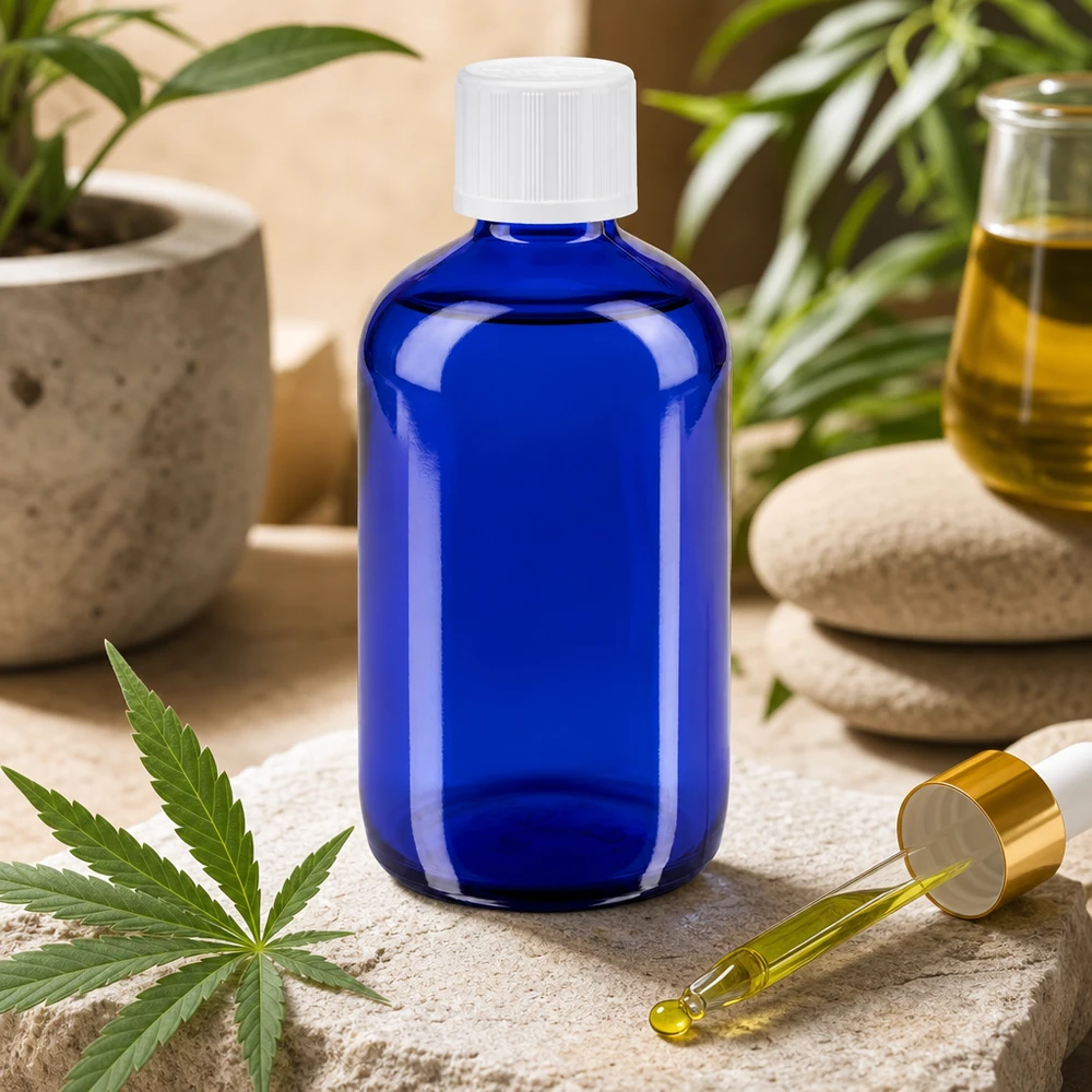 Apteekkipullo sininen 100ml tippakorkki valkoinen lapsiturvallisuusstandardi Sininen 100 ml:n apteekkipullo, jossa on CBD-lehti ja kultainen tiputin luonnontuotteille