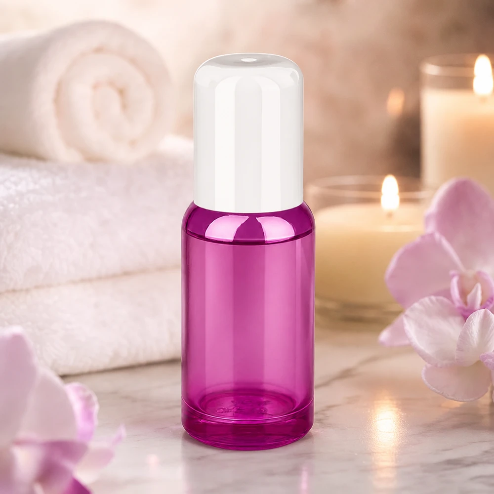 Roll-on pullo 20ml korkealaatuisesta lasista valmistettu läpinäkyvä violetti, jossa on käytännöllinen korkki.