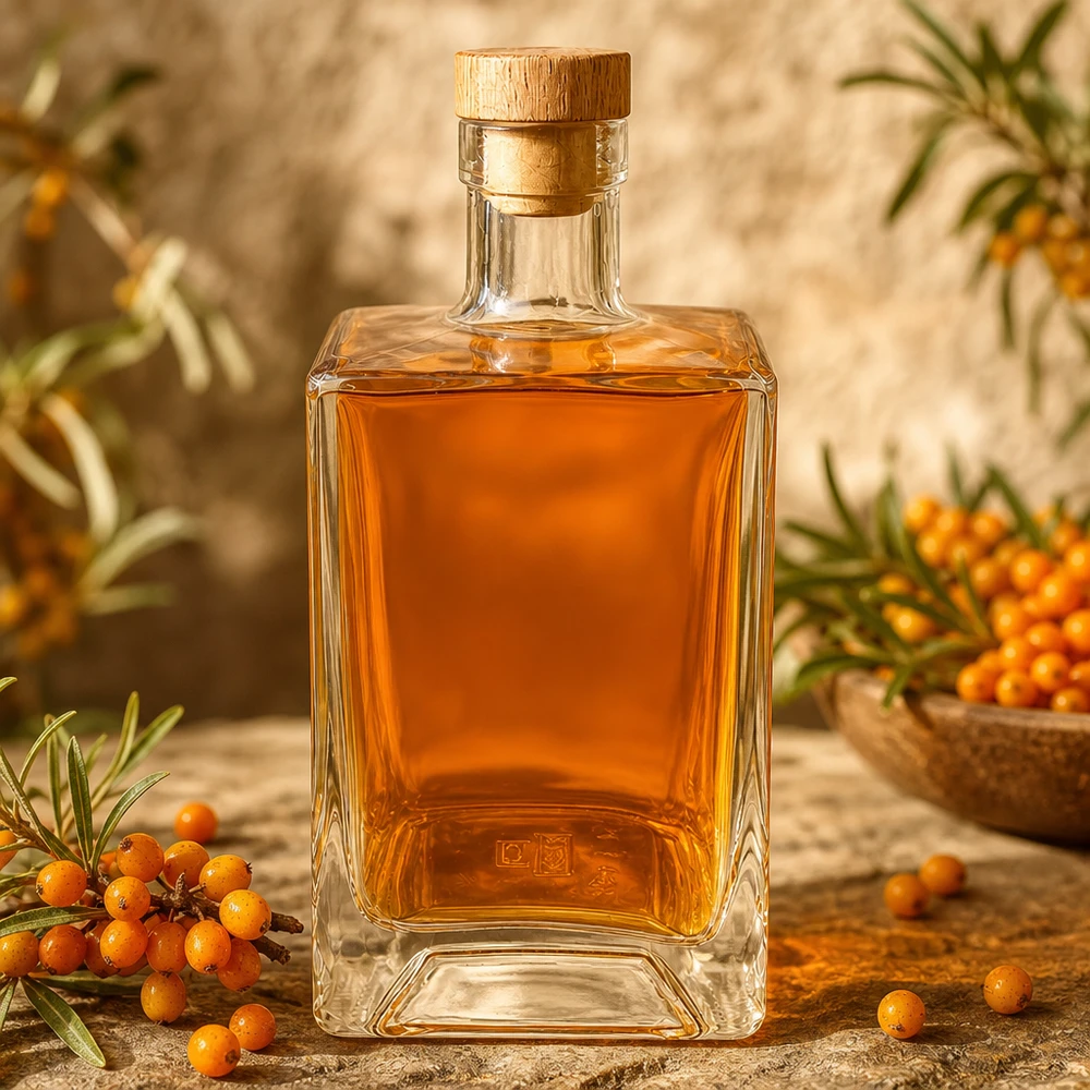 700ml Glasflasche "Gali" mit Holzgriffkorken UNiTWIST® 700ml lasipullo Ben täytetty oranssilla tyrniliköörillä tyrnimarjojen välissä luonnollinen koristelu UNiTWIST Ho
