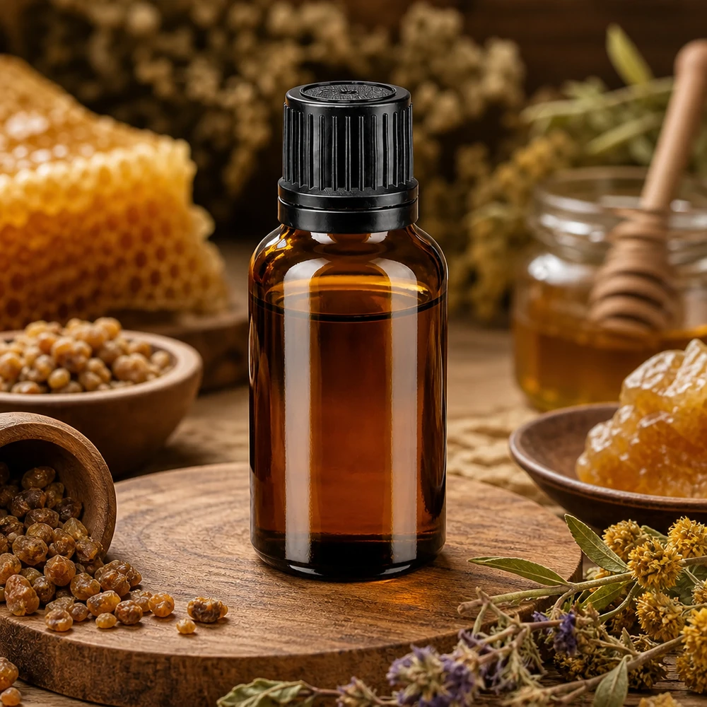 Apteekkipullo ruskea 20ml ruuvikorkki musta valurengas sinetöityä sulkemista varten Keltainen 20 ml:n lasipullo, jossa on musta OV-korkki ja jota ympäröivät hunajakenno ja lääkekasvit