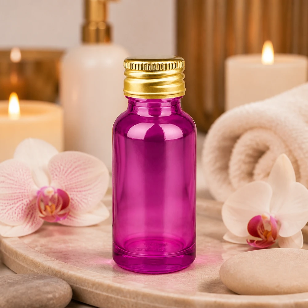 20ml pullo 11mm kierrekorkki alumiininen kultainen standardi PurpleLine. UT18/20 20ml lasipullo 11mm kierteellä violetilla ja kultaisella korkilla aromaterapiasovelluksiin.