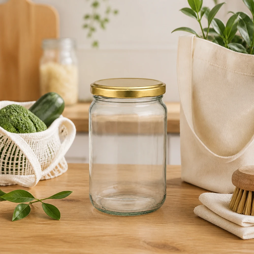 305ml pyöreä purkki, jossa on kultainen BasicSeal-kansi UNiTWIST 305ml Rundglas BasicSeal UNiTWIST gold in nachhaltiger Küchenszene mit Öko-Tasche und Zero-Waste-Zubehör
