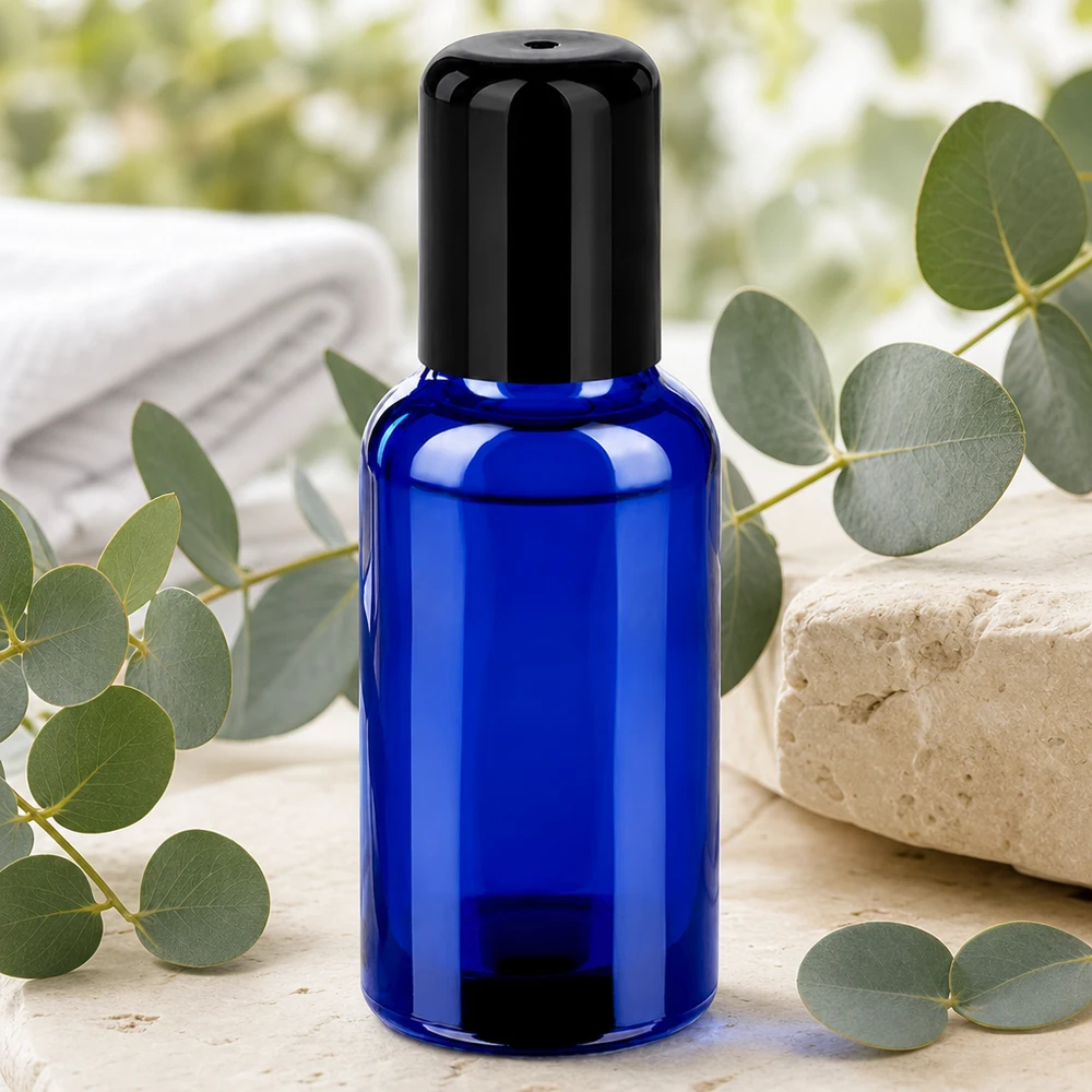 Premium 30ml lasipullo Roll-On STD BlueLine UT18/30 tyylikkäässä koboltin sinisessä värissä aromaterapiaan.