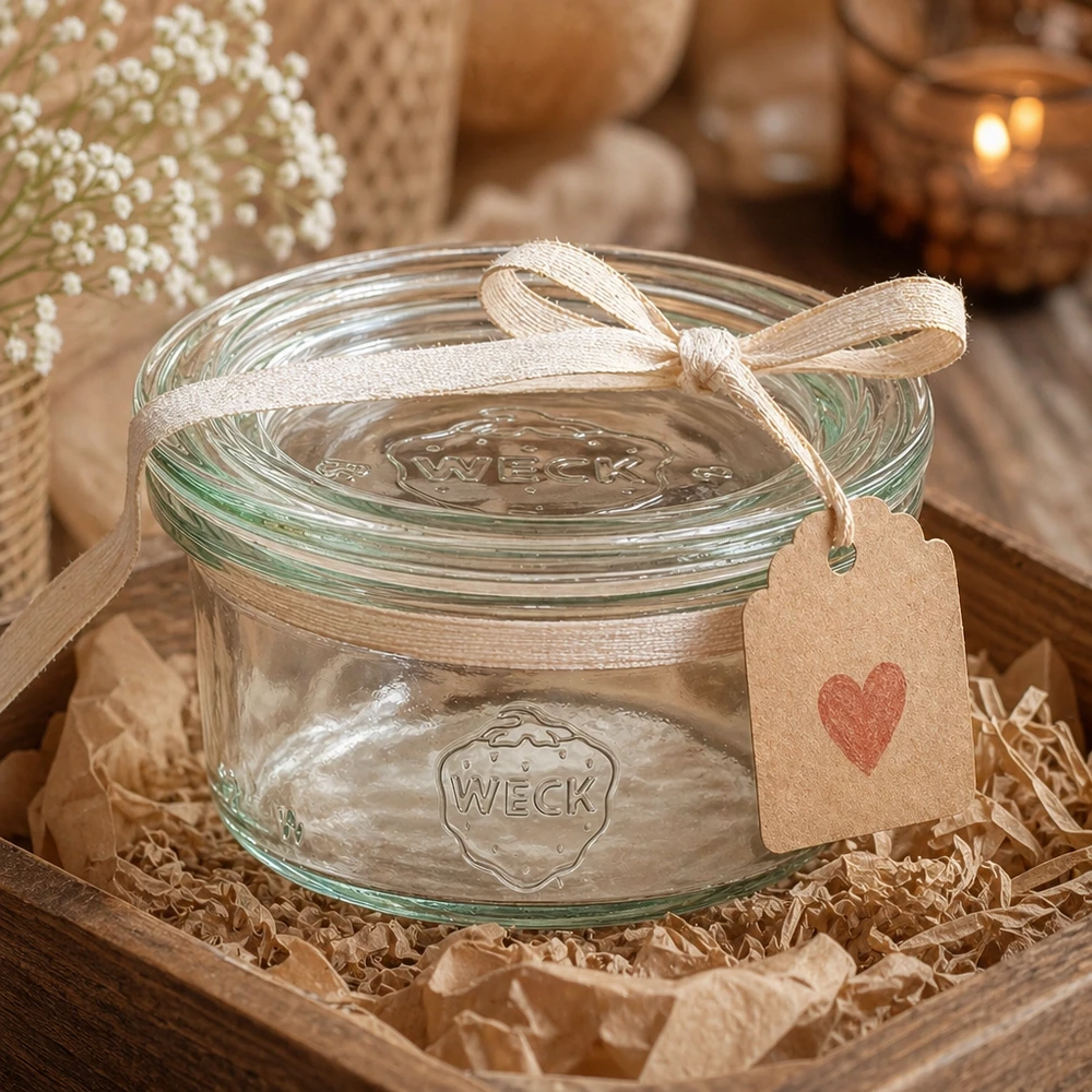 50ml lasikannelliset lasipullot WECK RR60 - 50ml lasipurkki. WECK tumblers 50ml esitellään koristeellisena lahjana nauhan ja sydänriipuksen kanssa maalaismaisemassa.
