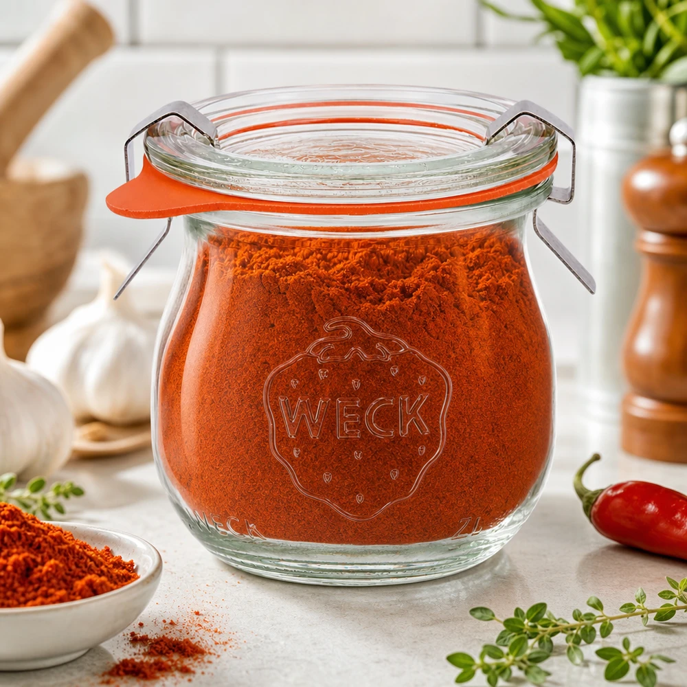 75ml tulppaanipurkki täydellinen WECK RR40 WECK tulppaanipurkki 75ml RR40 täynnä paprikajauhetta Välimeren maustekeittiössä, jossa on tuoreita yrttejä ja chiliä.