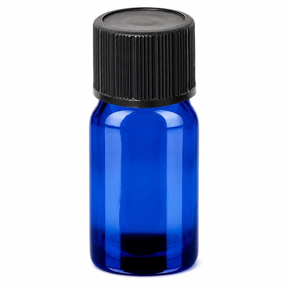 5ml sininen lasinen tippapullo mustalla kierrekorkilla eteerisille öljyille ja tinktuureille.