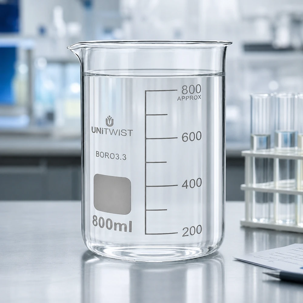 800 ml:n borosilikaattilasi, korkea muotti UNiTWIST Läpinäkyvä 800 ml:n korkea lasikulho, malli UNITWIST BORO3.3, valkoisella laboratoriopöydällä, jossa on koeputkia