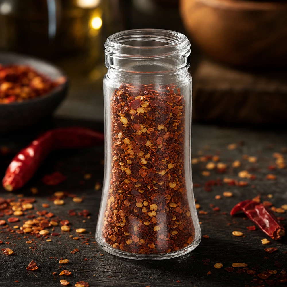 Bobby-maustepurkki, 95 ml, täytetty chilihiutaleilla, rustiikkisella tummalla puualustalla