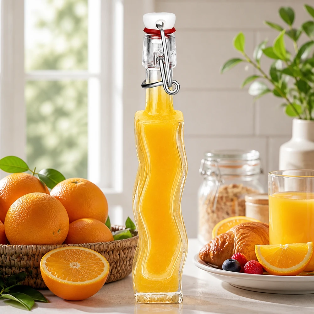40ml Anna-lasipullo, jossa on oranssin värinen täyte tuoreiden appelsiinien ja croissanttien vieressä aurinkoisessa keittiökuvassa.