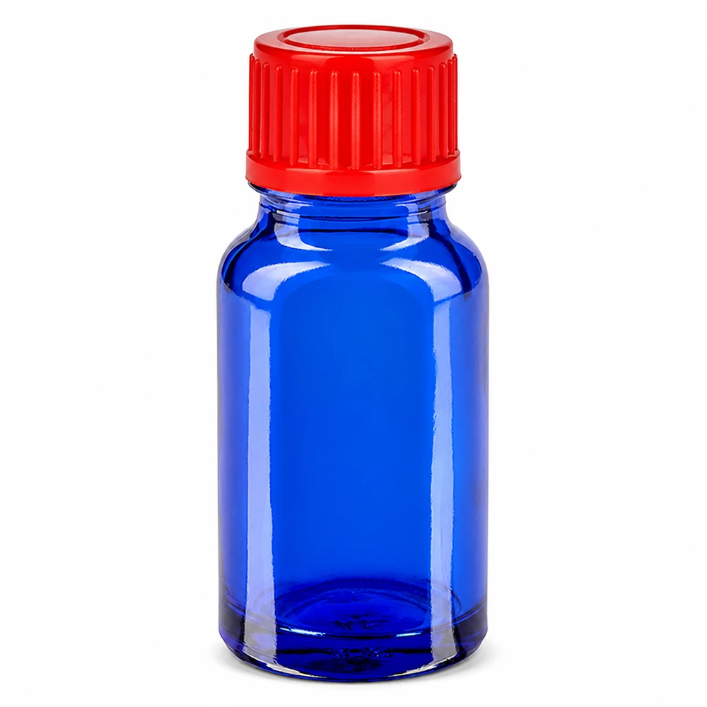 10ml pullo 11mm kierrekorkki punainen standardi BlueLine UT18/10 BlueLine UT18/10 Sininen 10 ml:n lasipullo, jossa punainen kierrekorkki laboratoriosovelluksiin ja kemikaaleihin.