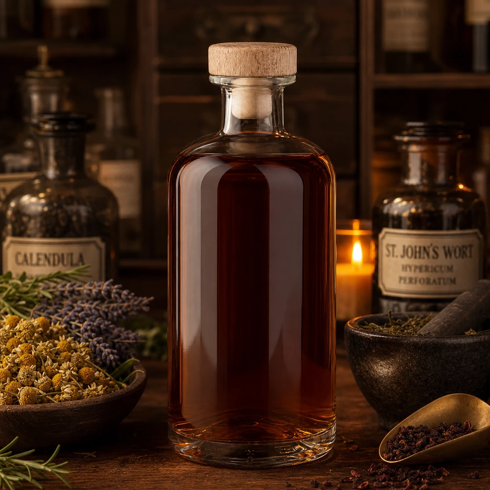 500ml Glasflasche "Flora" mit Holzgriff-Korken UNiTWIST 500ml lasipullo Flora puukorkilla ruskea tinktuura yrttien välillä Calendula St Johnswort Apteekkarin tunnelma