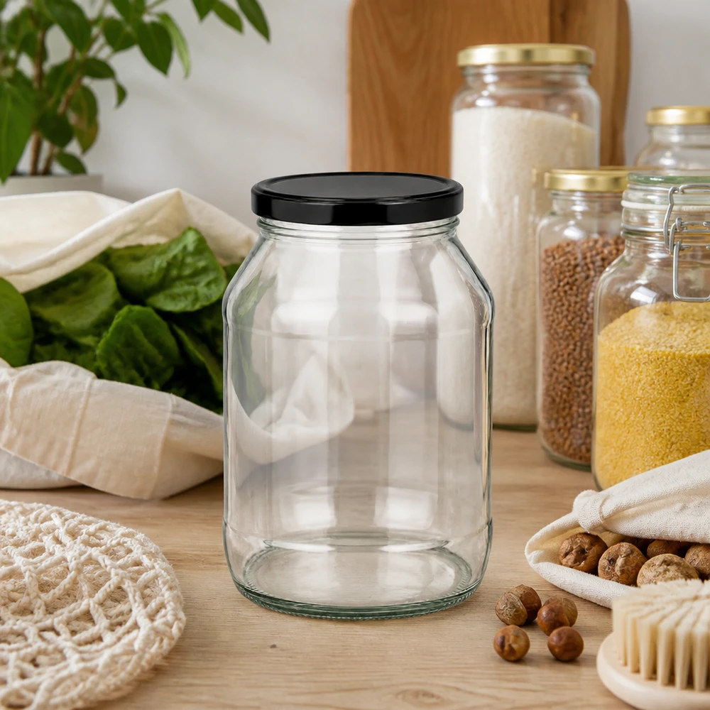 Leeres 2650ml Rundglas mit schwarzem Deckel auf Holztisch mit Nüssen Getreide und nachhaltigen Küchenutensilien