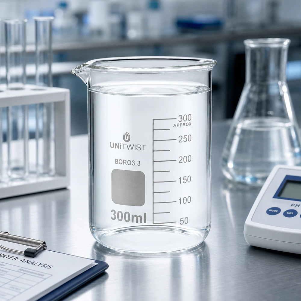 UNiTWIST-lasikulho, 300 ml, borosilikaattia, matala malli, ammattikäyttöön tarkoitetussa laboratoriossa ruostumattomasta teräksestä valmistetulla pöydällä