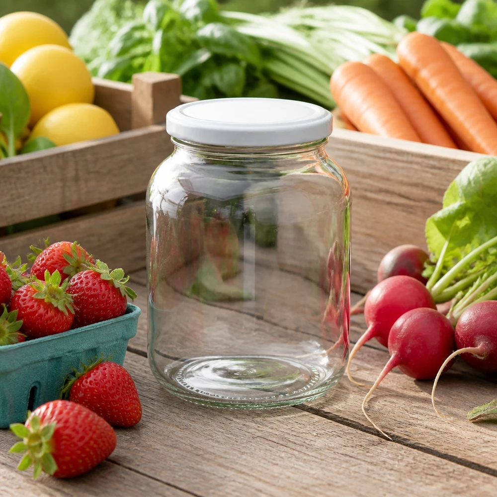 370ml Ovalglas mit weißem BasicSeal Deckel UNiTWIST zwischen frischem Gemüse Erdbeeren Radieschen auf Holztisch