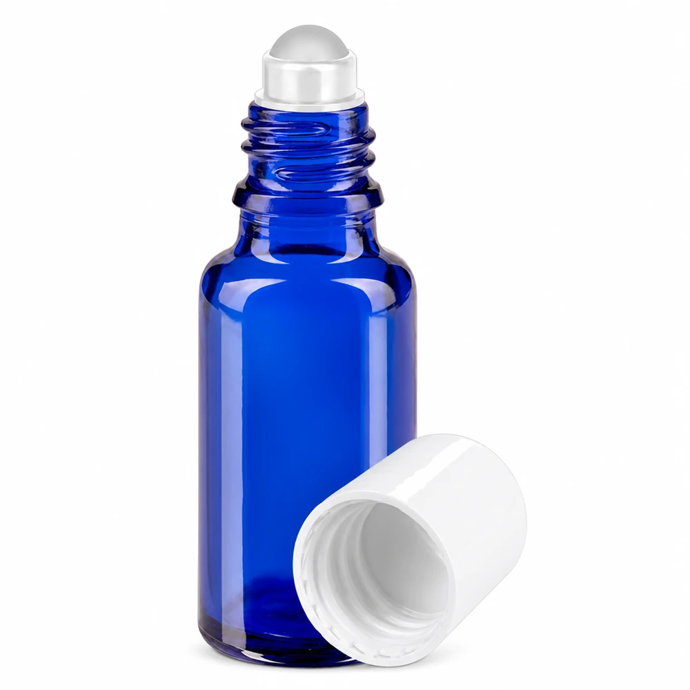Apteekkipullo sininen 20ml roll-on korkki valkoinen 20 ml:n sininen roll-on-pullo apteekkilasista, valkoisella korkilla ja rullapallolla