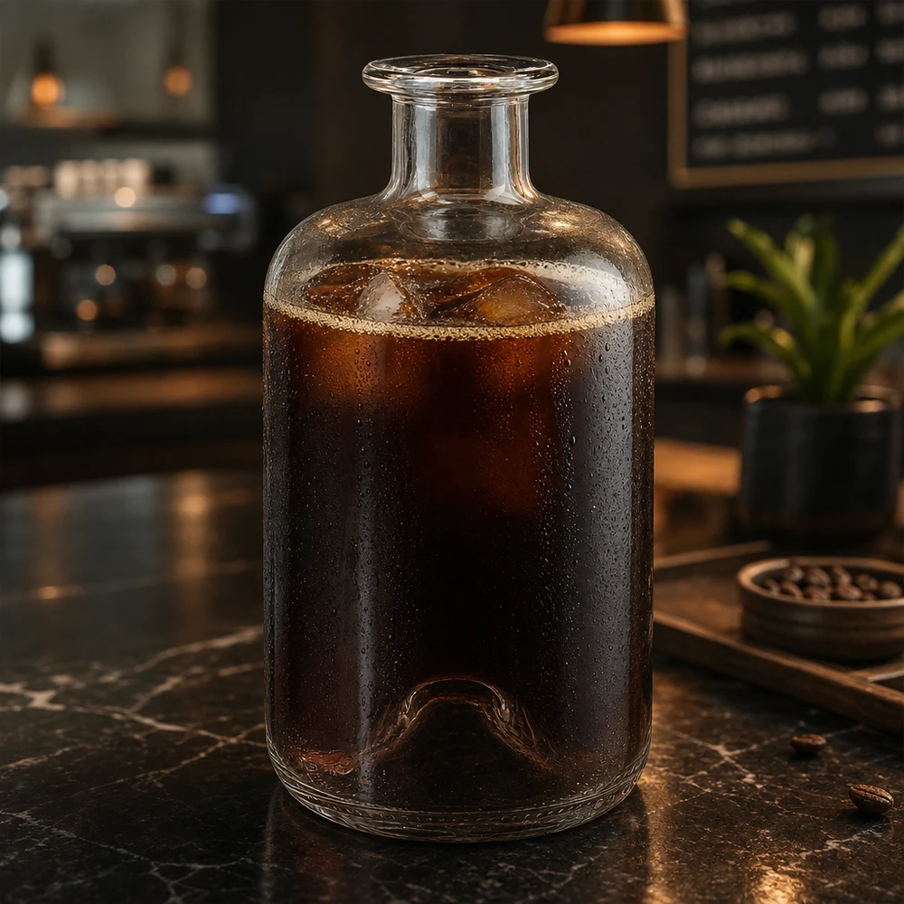 500ml Glasflasche "Luna" ohne Verschluss UNiTWIST Apteekkipullo Luna 500ml täynnä kylmäkahvia marmoripöydällä modernissa kahvilatunnelmassa.