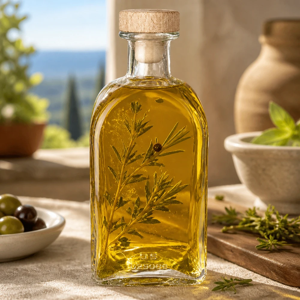 500ml Glasflasche "Julia" mit Holzgriff-Korken UNiTWIST 500ml Glasflasche Julia mit Holzkorken gefüllt mit Kräuteröl mediterranes Ambiente Olivenöl Gewürzöl Dekoration