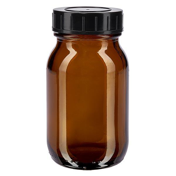 100ml leveäkaulainen meripihkainen pullo, jossa on kierrekorkki.