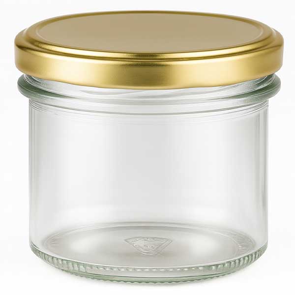 125 ml:n juomapullot, joissa on kultainen BasicSeal-kansi UNiTWIST. 125ml Sturzglas leer mit goldenem BasicSeal Deckel UNiTWIST für Marmelade und Konserven